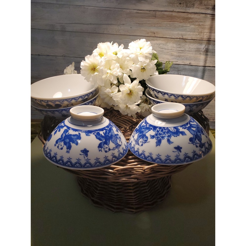 Set of 6 Blue White Porcelain Rice Soup Bowls Asian Style